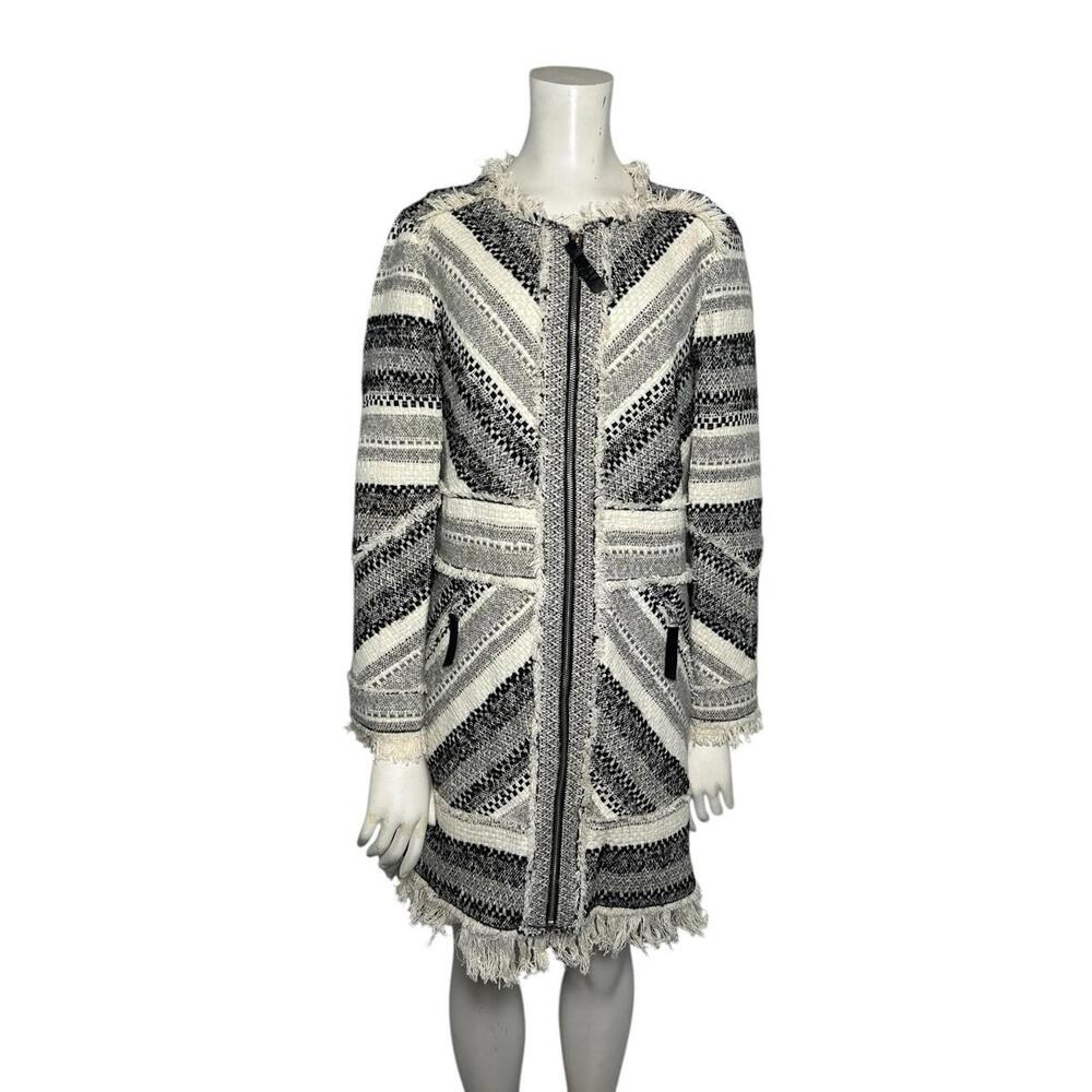 Rebecca Taylor Black White Tweed Fringe Zip Front Coat Size 10